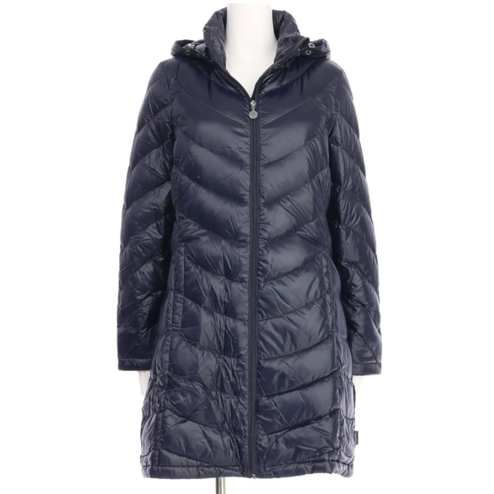 NEW NWT CALVIN KLEIN Packable Down Coat Navy Blue Hooded Long Puffer Jacket XL